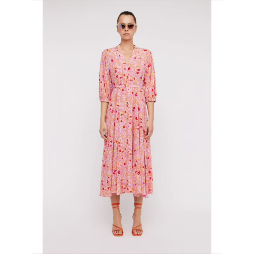 Scanlan Theodore Silk Daisy Floral Print 3/4 Sleeve Midi Dress Peach Size 4